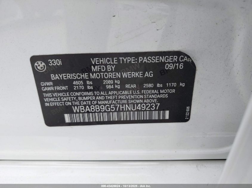 2017 BMW 330I VIN: WBA8B9G57HNU49237 Lot: 43428824