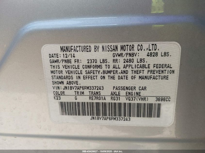 2015 Infiniti Q50 Premium VIN: JN1BV7AP6FM337243 Lot: 43428827