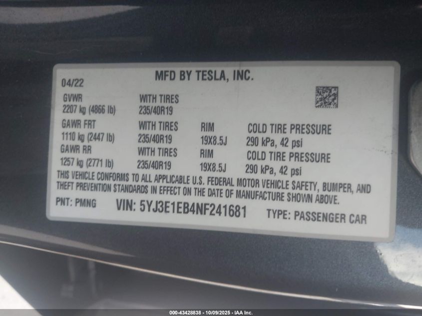 2022 Tesla Model 3 Long Range Dual Motor All-Wheel Drive VIN: 5YJ3E1EB4NF241681 Lot: 43428838