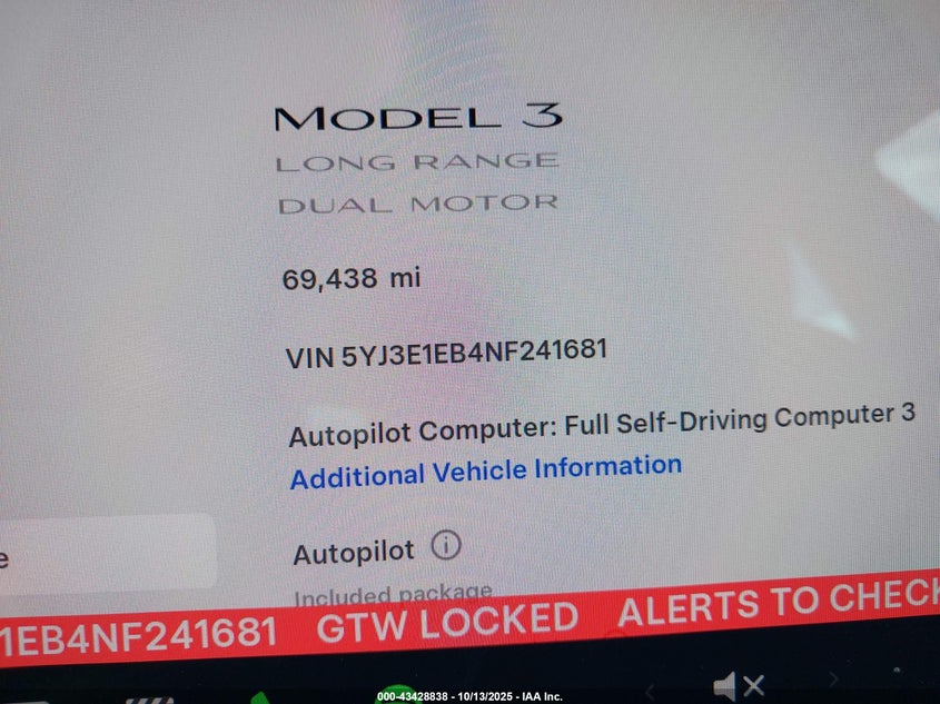 2022 Tesla Model 3 Long Range Dual Motor All-Wheel Drive black Lot 111043428838 Vin 5YJ3E1EB4NF241681