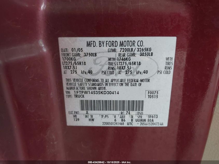 2005 Ford F-150 Fx4/Lariat/Xlt VIN: 1FTPW14535KD30414 Lot: 43428842