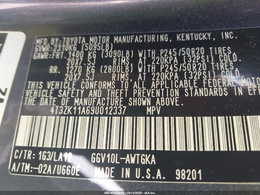 2009 Toyota Venza Base V6 VIN: 4T3ZK11A69U012337 Lot: 43428843