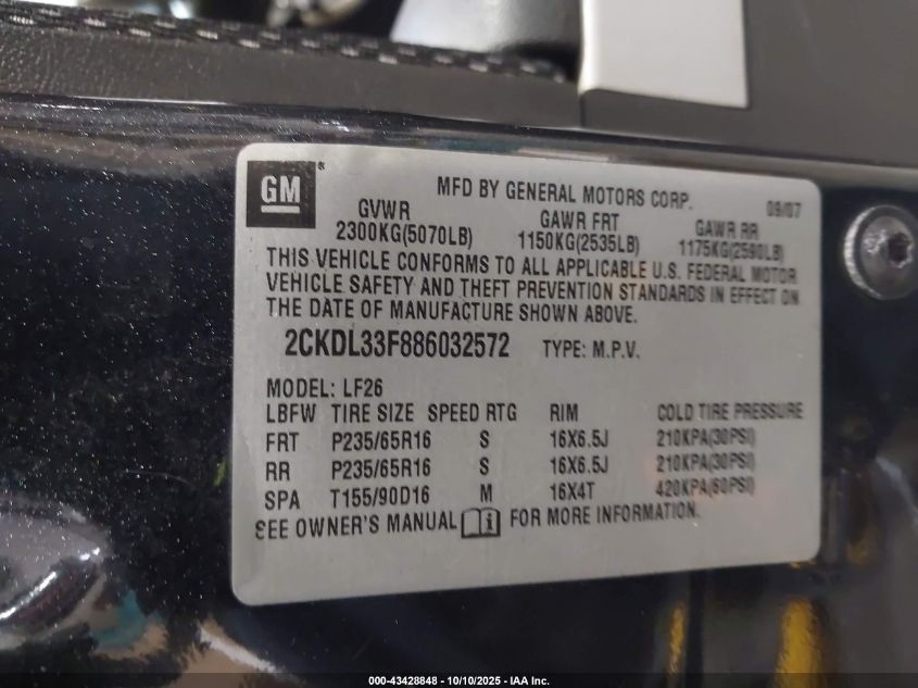 2008 Pontiac Torrent VIN: 2CKDL33F886032572 Lot: 43428848