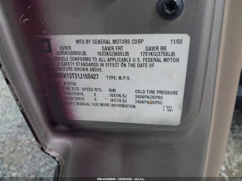 2001 Chevrolet Tahoe Lt VIN: 1GNEK13T31J180427 Lot: 43428849