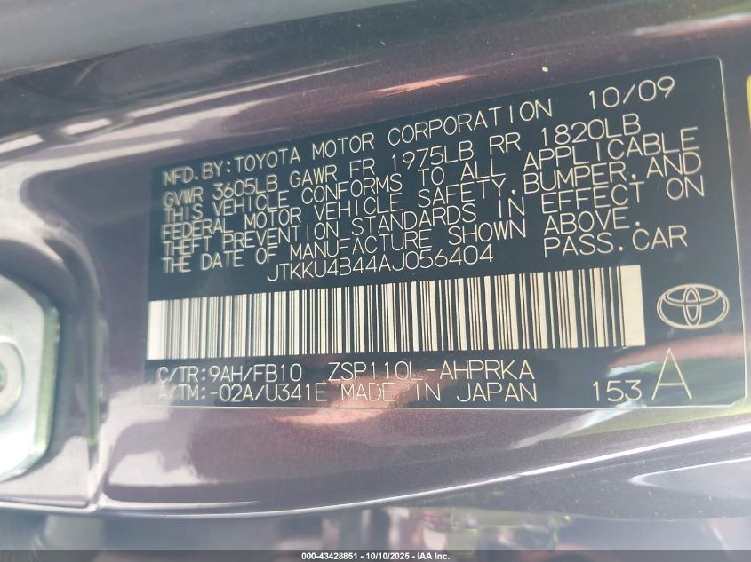 2010 Scion Xd VIN: JTKKU4B44AJ056404 Lot: 43428851