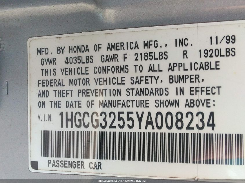 2000 Honda Accord 2.3 Ex VIN: 1HGCG3255YA008234 Lot: 43428864