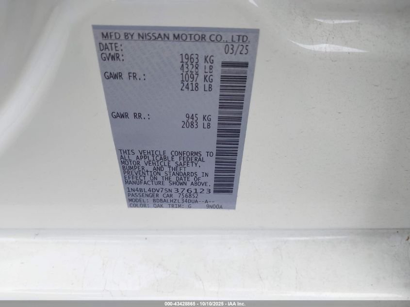 2025 Nissan Altima Sv Fwd VIN: 1N4BL4DV7SN376123 Lot: 43428865