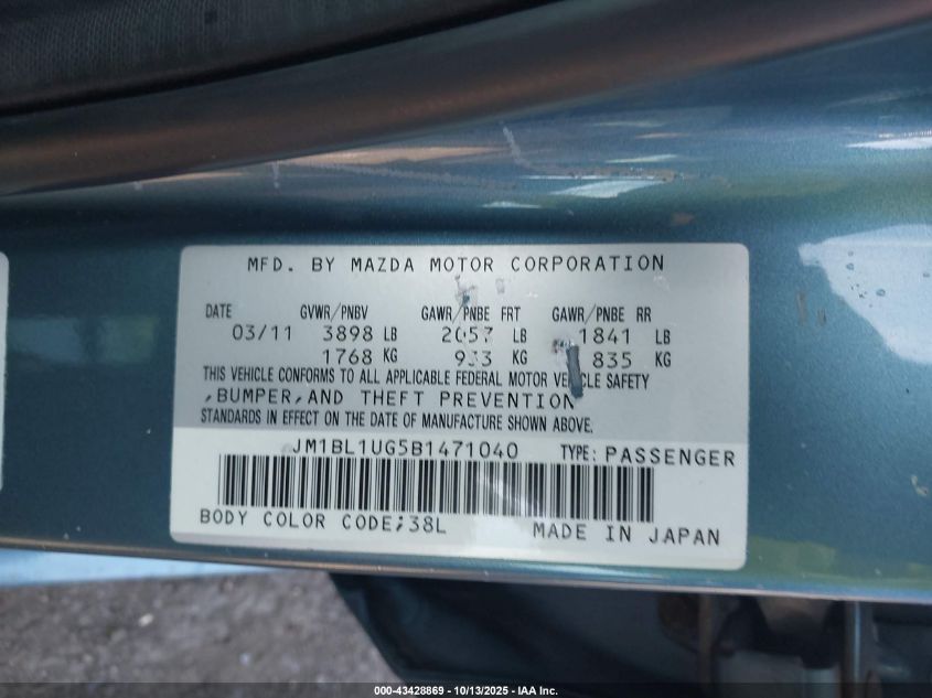 2011 Mazda Mazda3 I Sport VIN: JM1BL1UG5B1471040 Lot: 43428869