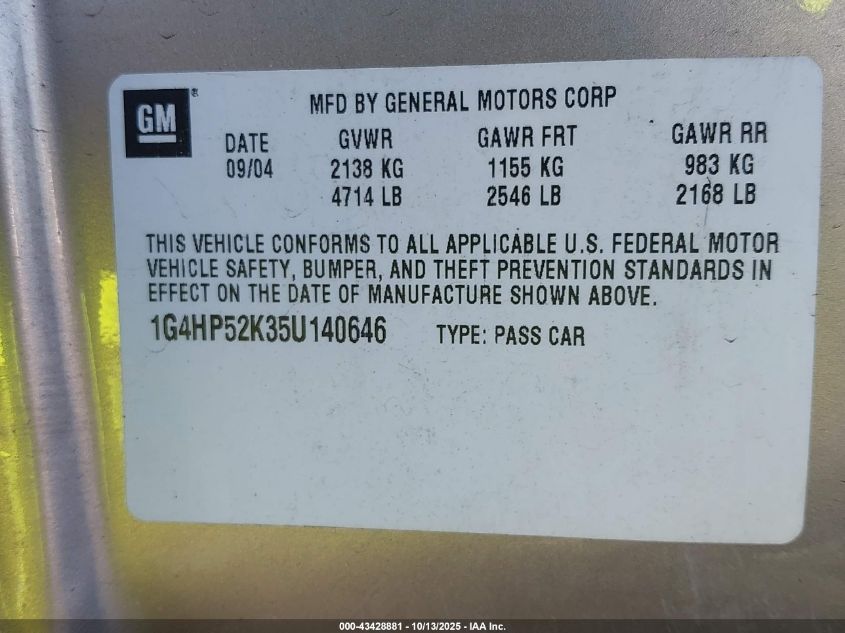 2005 Buick Lesabre Custom VIN: 1G4HP52K35U140646 Lot: 43428881