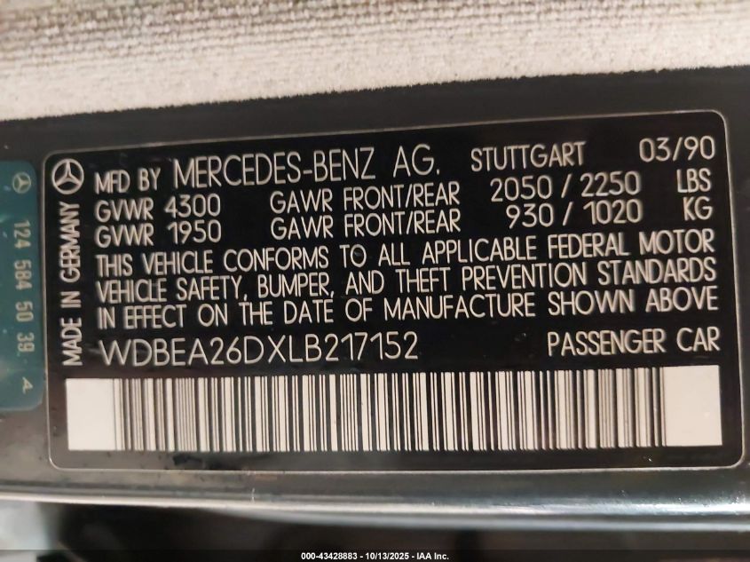 1990 Mercedes-Benz 300 E 2.6 VIN: WDBEA26DXLB217152 Lot: 43428883