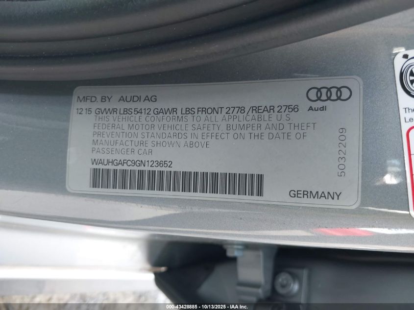 2016 Audi A6 3.0T Premium Plus VIN: WAUHGAFC9GN123652 Lot: 43428885