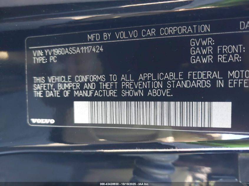 2010 Volvo S80 3.2 VIN: YV1960AS5A1117424 Lot: 43428930