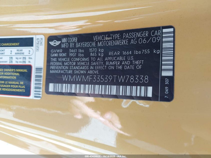 2009 Mini Cooper VIN: WMWMF33539TW78338 Lot: 43428935