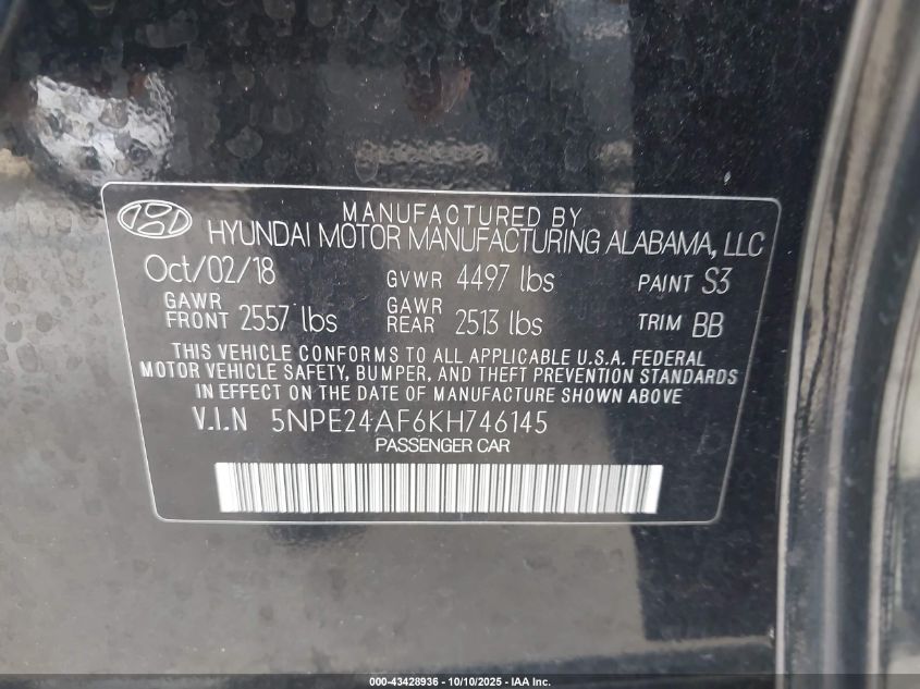2019 Hyundai Sonata Se VIN: 5NPE24AF6KH746145 Lot: 43428936