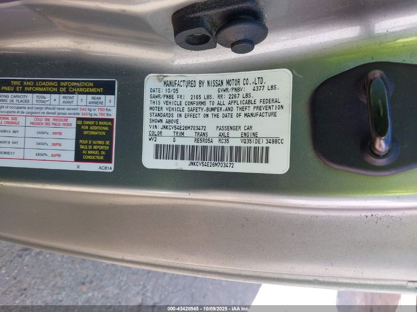 2006 Infiniti G35 VIN: JNKCV54E26M703472 Lot: 43428945