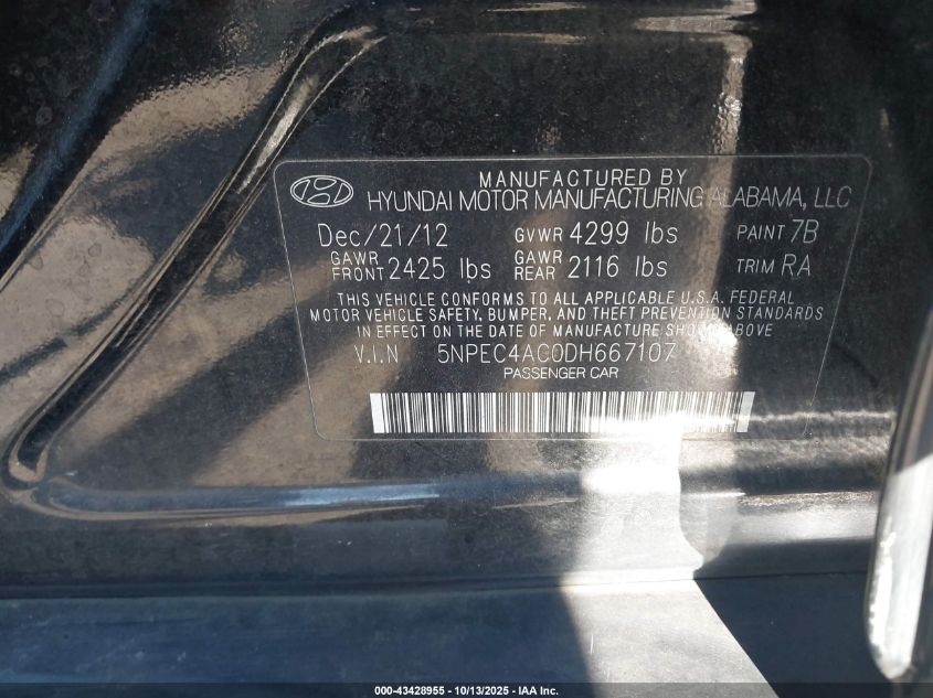 2013 Hyundai Sonata Limited VIN: 5NPEC4AC0DH667107 Lot: 43428955