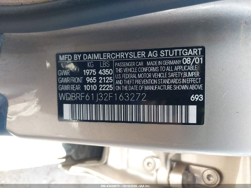 2002 Mercedes-Benz C 240 VIN: WDBRF61J32F163272 Lot: 43428970