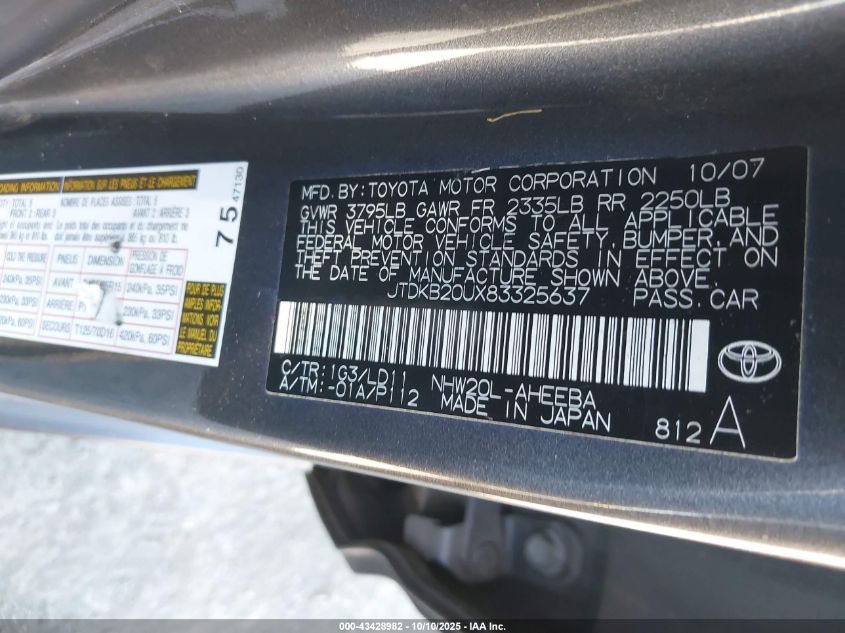 2008 Toyota Prius VIN: JTDKB20UX83325637 Lot: 43428982