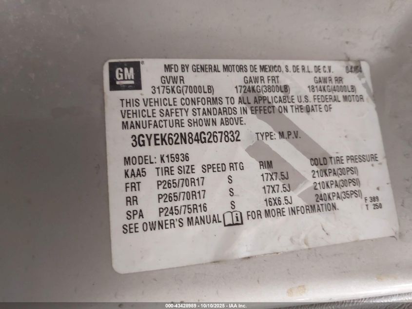 2004 Cadillac Escalade Ext Standard VIN: 3GYEK62N84G267832 Lot: 43428989