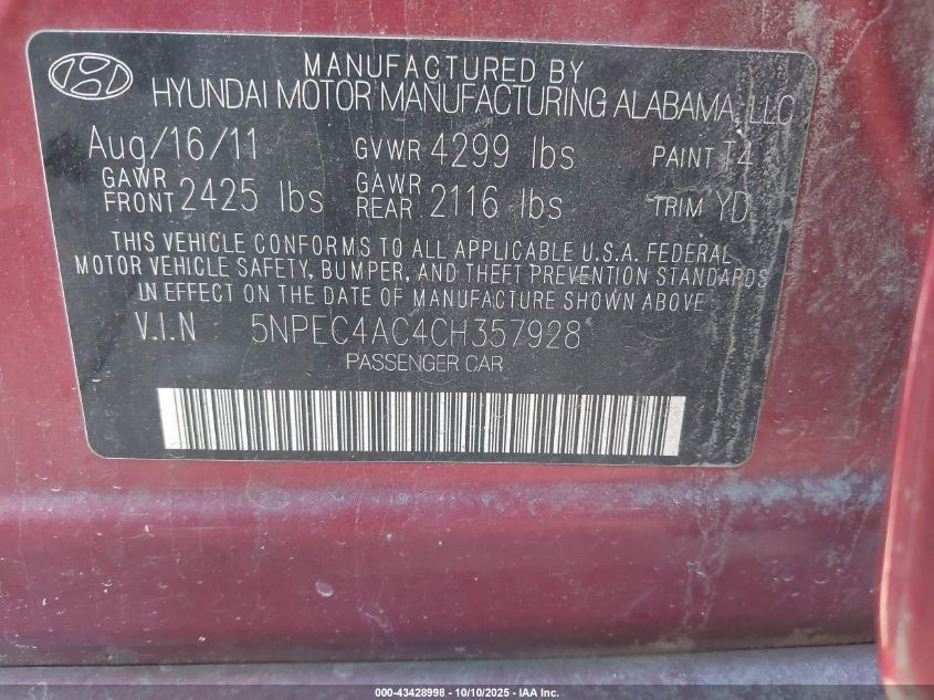 2012 Hyundai Sonata Limited VIN: 5NPEC4AC4CH357928 Lot: 43428998