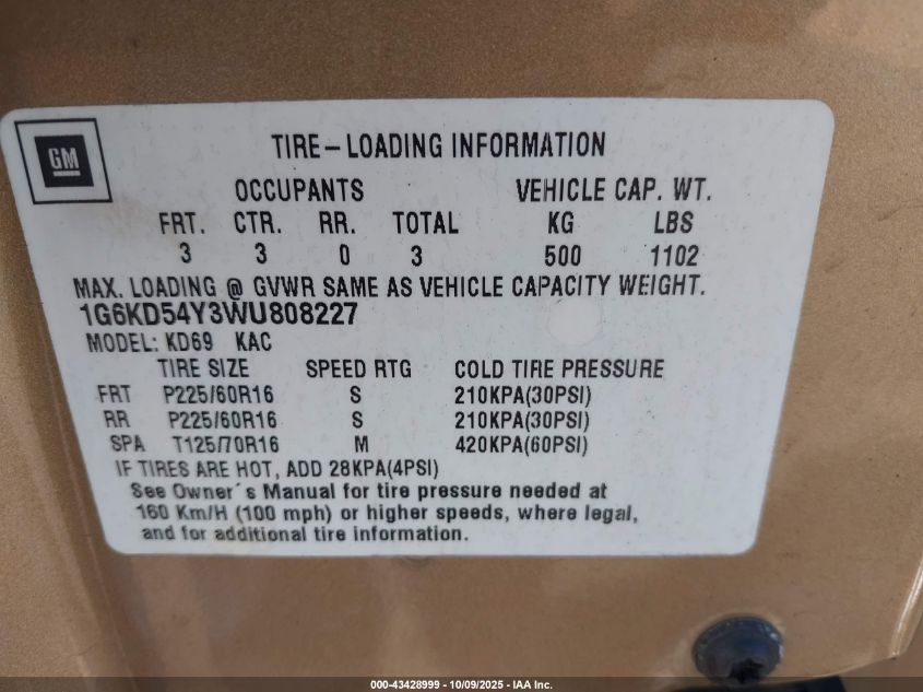 1998 Cadillac Deville Standard VIN: 1G6KD54Y3WU808227 Lot: 43428999