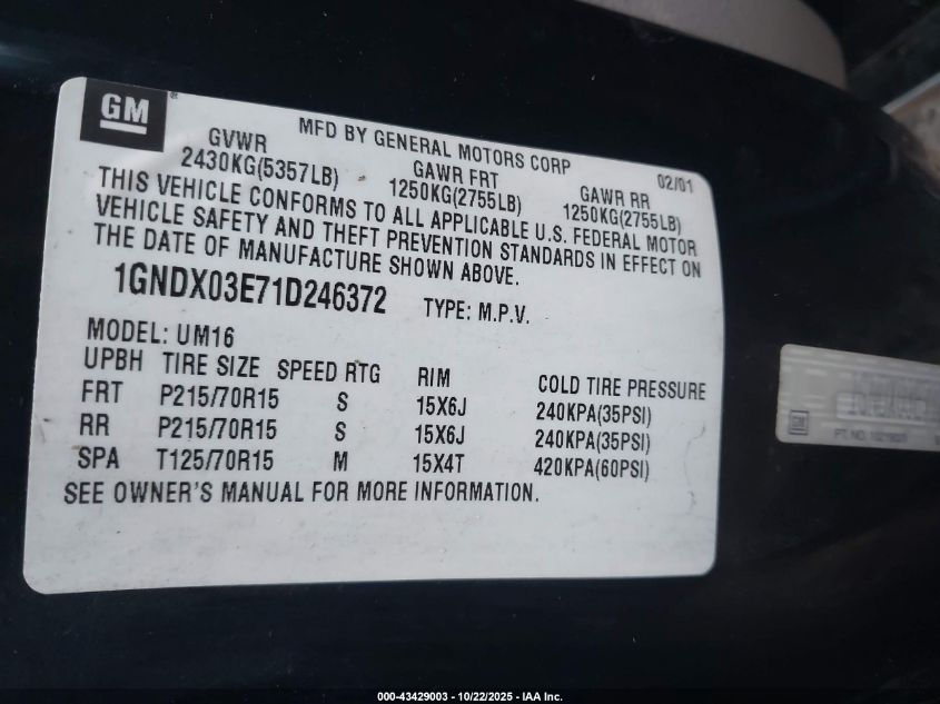 2001 Chevrolet Venture Ls VIN: 1GNDX03E71D246372 Lot: 43429003