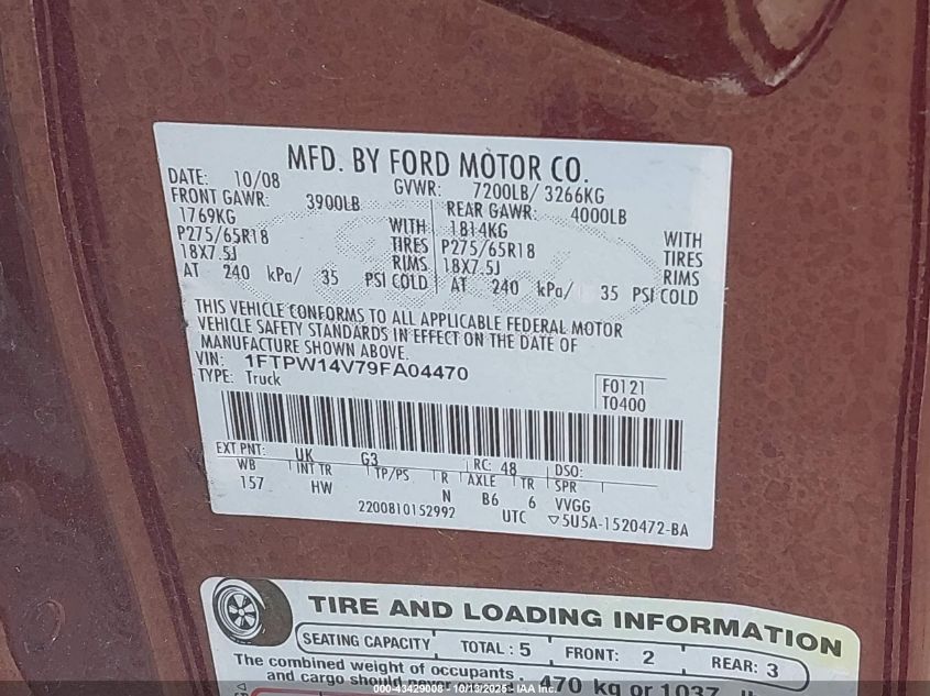 2009 Ford F-150 Fx4/King Ranch/Lariat/Platinum/Xl/Xlt VIN: 1FTPW14V79FA04470 Lot: 43429008