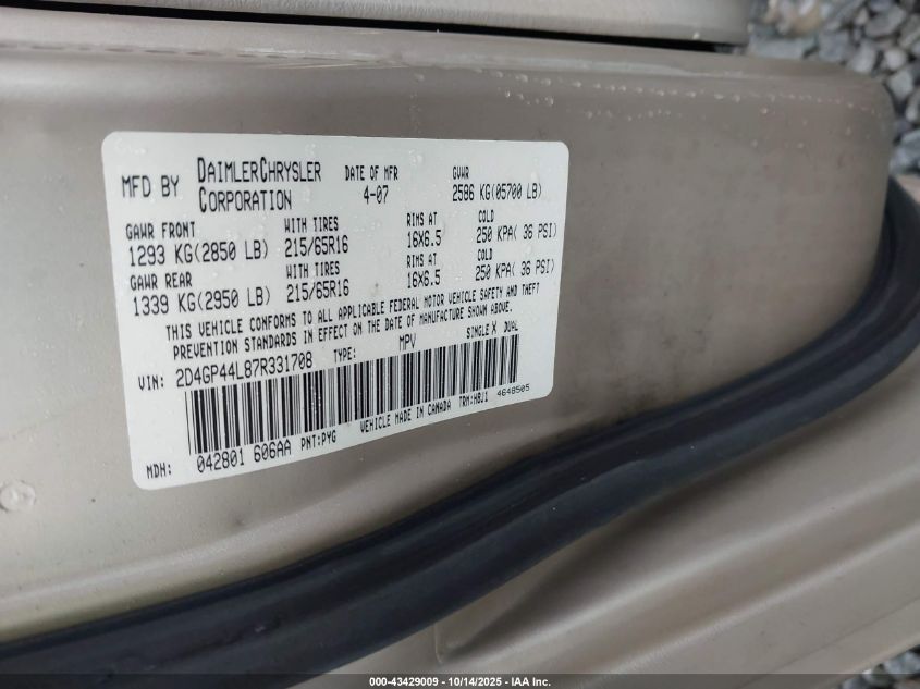 2007 Dodge Grand Caravan Sxt VIN: 2D4GP44L87R331708 Lot: 43429009
