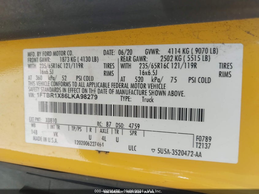 2020 Ford Transit-250 VIN: 1FTBR1X86LKA98279 Lot: 43429031