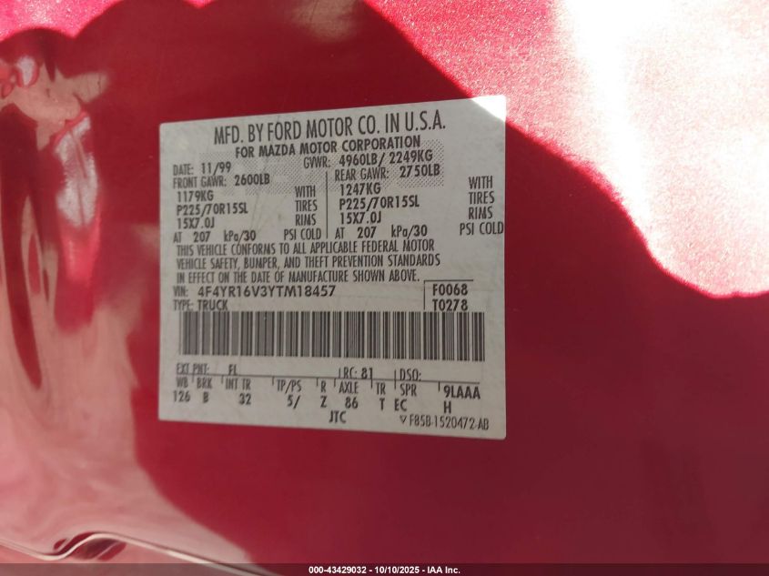 2000 Mazda B3000 Se/Tl VIN: 4F4YR16V3YTM18457 Lot: 43429032