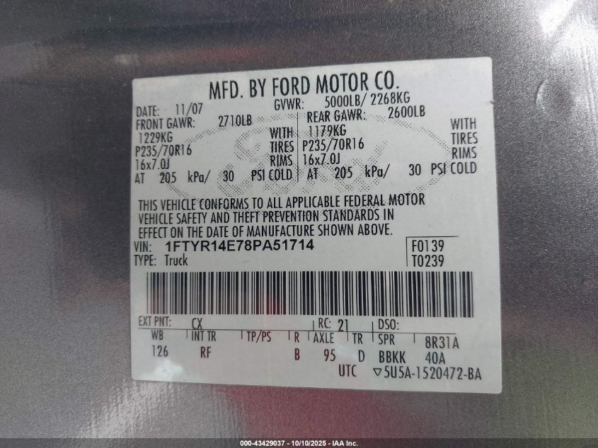 2008 Ford Ranger Sport/Xl/Xlt VIN: 1FTYR14E78PA51714 Lot: 43429037