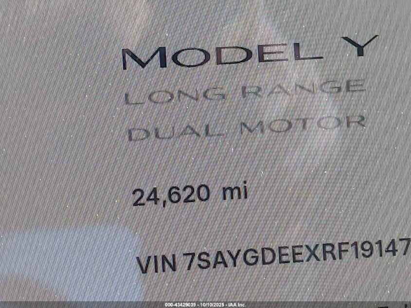 2024 Tesla Model Y Long Range Dual Motor All-Wheel Drive VIN: 7SAYGDEEXRF191471 Lot: 43429039
