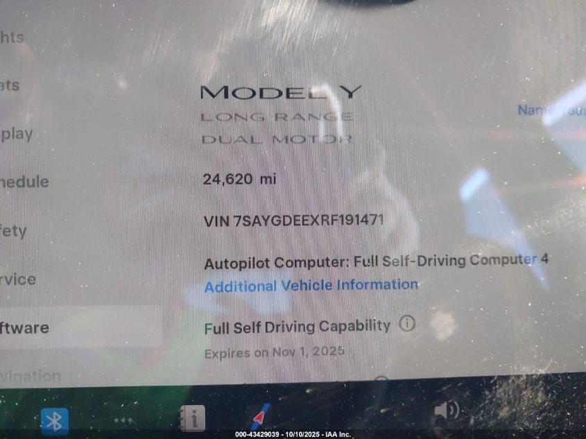 2024 Tesla Model Y Long Range Dual Motor All-Wheel Drive VIN: 7SAYGDEEXRF191471 Lot: 43429039