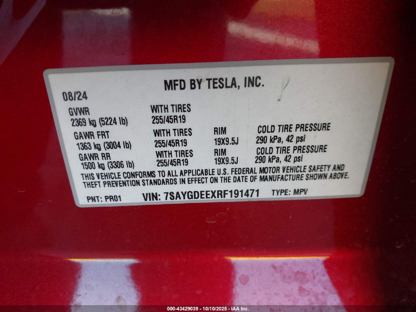 2024 Tesla Model Y Long Range Dual Motor All-Wheel Drive VIN: 7SAYGDEEXRF191471 Lot: 43429039