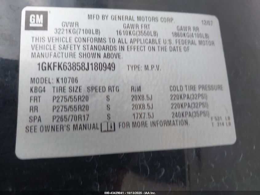 2008 GMC Yukon Denali VIN: 1GKFK63858J180949 Lot: 43429041