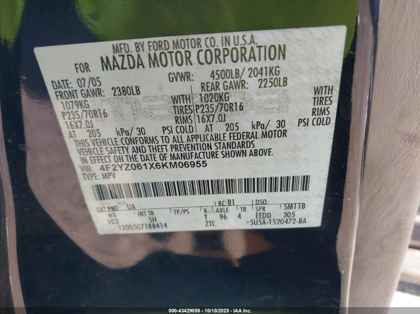 2006 Mazda Tribute S VIN: 4F2YZ061X6KM06955 Lot: 43429056