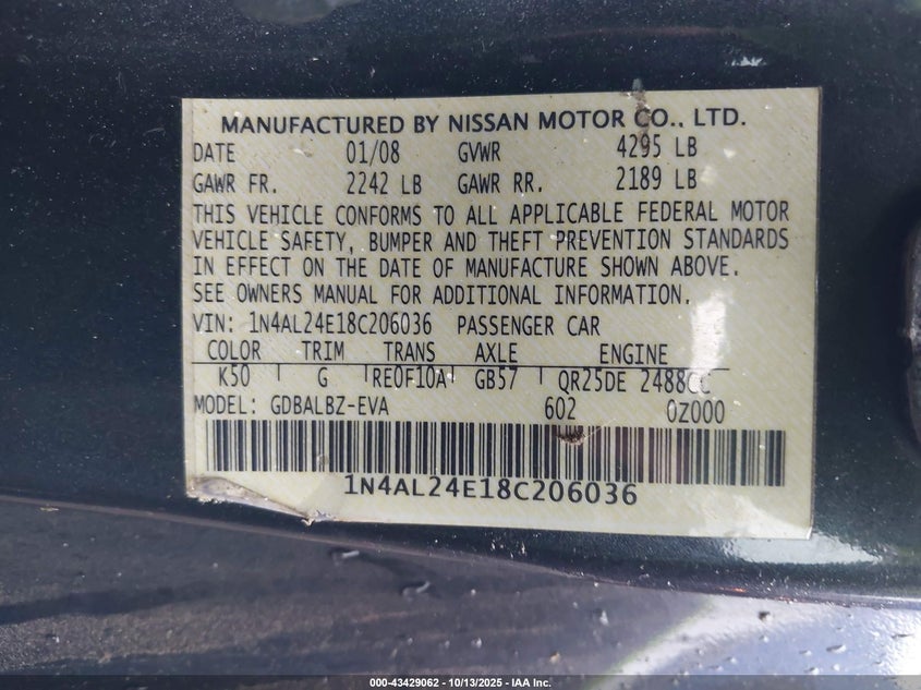 1N4AL24E18C206036 2008 NISSAN ALTIMA photo no. 9