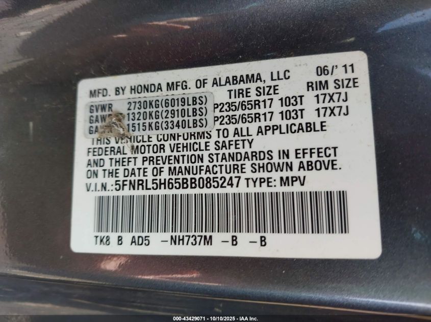 2011 Honda Odyssey Ex-L VIN: 5FNRL5H65BB085247 Lot: 43429071
