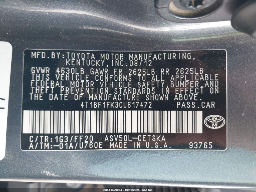 2012 Toyota Camry Se VIN: 4T1BF1FK3CU617472 Lot: 43429074