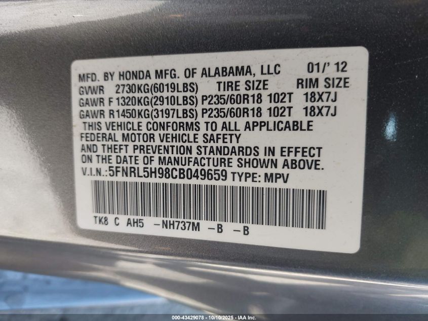 2012 Honda Odyssey Touring/Touring Elite VIN: 5FNRL5H98CB049659 Lot: 43429078