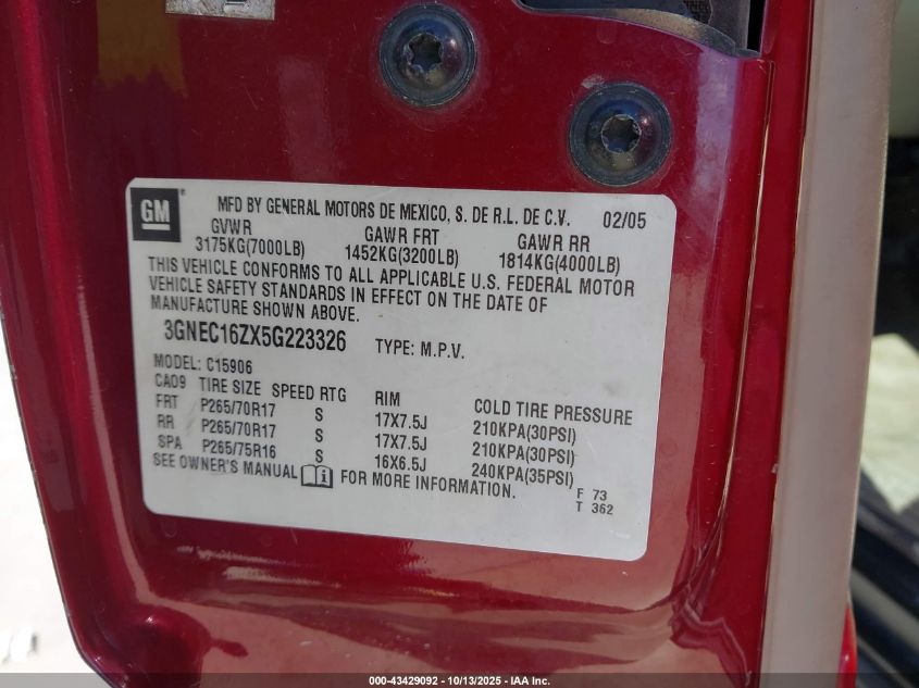 2005 Chevrolet Suburban 1500 Z71 VIN: 3GNEC16ZX5G223326 Lot: 43429092