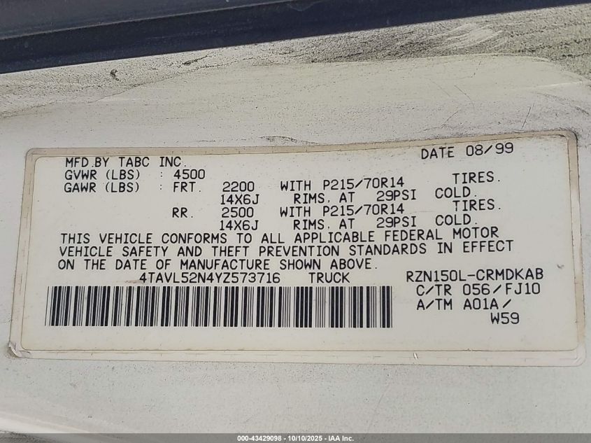 2000 Toyota Tacoma VIN: 4TAVL52N4YZ573716 Lot: 43429098