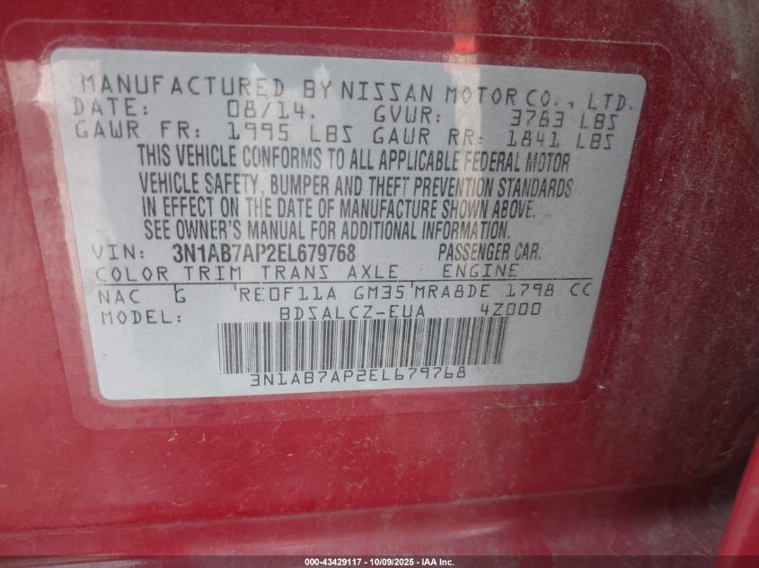 2014 Nissan Sentra S VIN: 3N1AB7AP2EL679768 Lot: 43429117