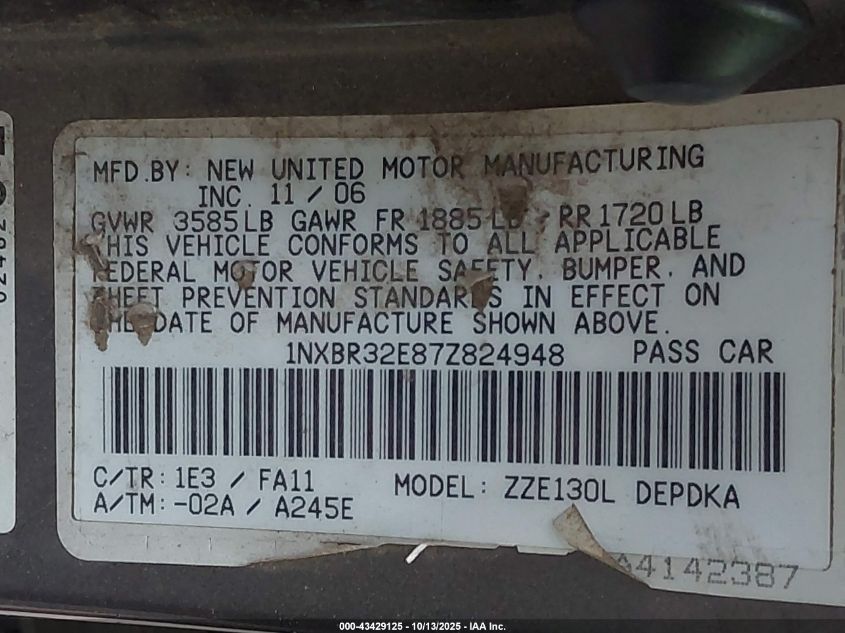 2007 Toyota Corolla Ce VIN: 1NXBR32E87Z824948 Lot: 43429125