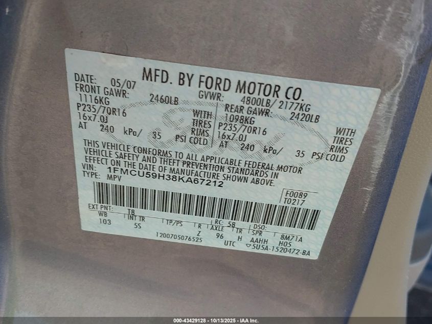 2008 Ford Escape Hybrid VIN: 1FMCU59H38KA67212 Lot: 43429128