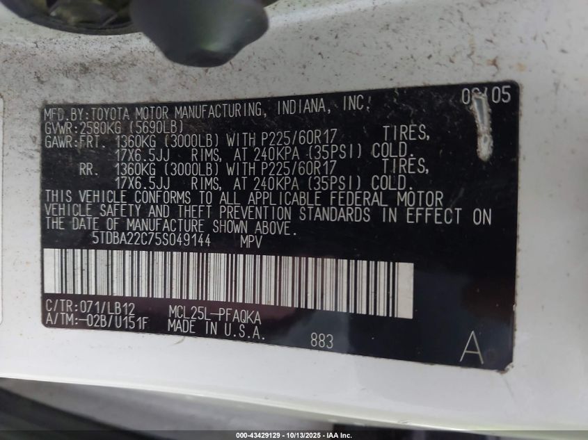 2005 Toyota Sienna Xle VIN: 5TDBA22C75S049144 Lot: 43429129