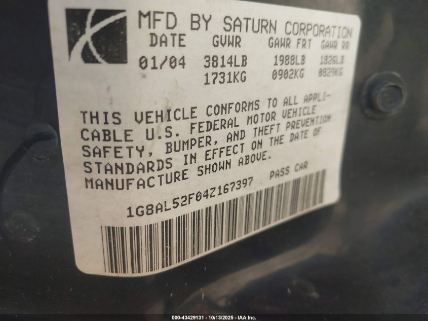 2004 Saturn Ion 3 VIN: 1G8AL52F04Z167397 Lot: 43429131