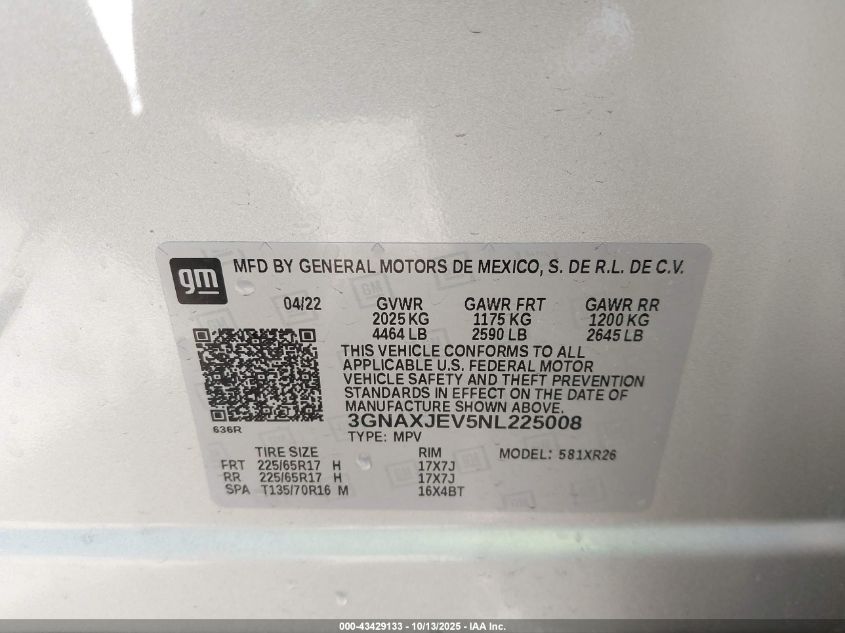 2022 Chevrolet Equinox Fwd 2Fl VIN: 3GNAXJEV5NL225008 Lot: 43429133