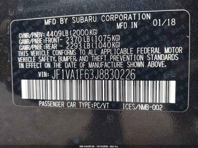 2018 SUBARU WRX LIMITED JF1VA1F63J8830226