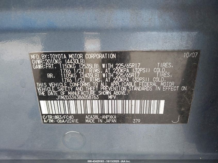 2008 Toyota Rav4 VIN: JTMZD33V386058763 Lot: 43429163